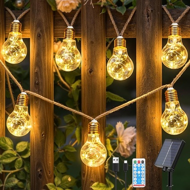 Ollny Guirnalda Luminosa Solar Exterior, 24 Bombillas 12M, Luces Resistentes a la Intemperie, 8 Modos, Temporizador, Regulable, USB, para Jardín Balcón Terraza Boda Fiesta Vintage