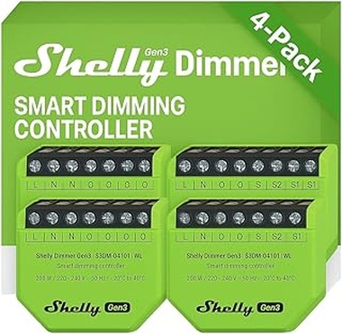 Shelly Dimmer Gen3 – Dimmer Inteligente WiFi Empotrable, LED & Halógenos hasta 200 W, Sin Cable Neutro, Domótica, Programación Inteligente, Home Assistant, Alexa & Google Home, Sin Hub (4 Unidades)