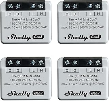 Shelly PM Mini Gen 3 | Juego de 4 | Medidor de potencia inteligente WiFi y Bluetooth de 1 canal 16 A | Domótica | Compatible con Alexa y Google Home | Aplicación iOS Android | No requiere concentrador