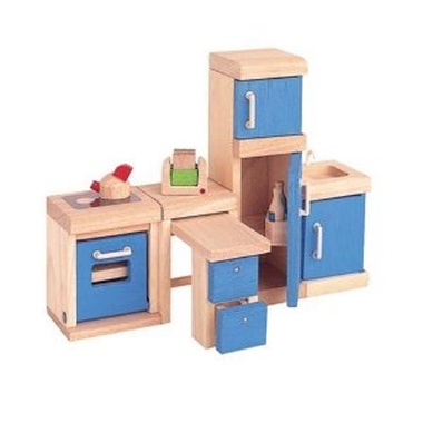 Cocina de madera para casa de muñecas madera y azul