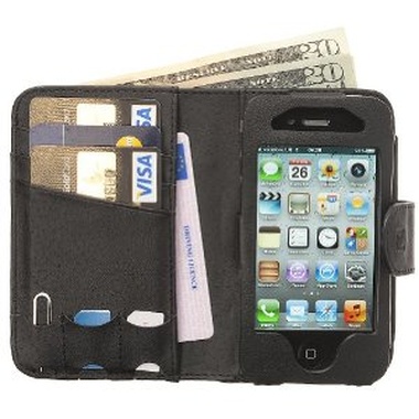 Funda / Cartera de cuero negra para iPhone 4 y 4S