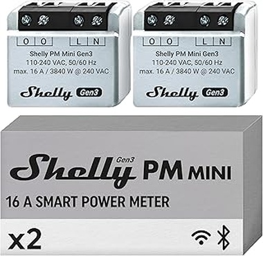 Shelly PM Mini Gen3 – Medidor de Consumo Inteligente WiFi y Bluetooth, 1 Canal 16 A, Control Remoto App iOS, Android, Compatible con Alexa y Google Home, No Hub Requerido (paquete de 2)