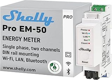 Shelly Pro EM 50A – Medidor Eléctrico Monofásico en riel DIN, 2 Canales, LAN y Wi-Fi, con Pinzas Amperimétricas, Interruptor Integrado, Monitoreo energía solar, App iOS, Android