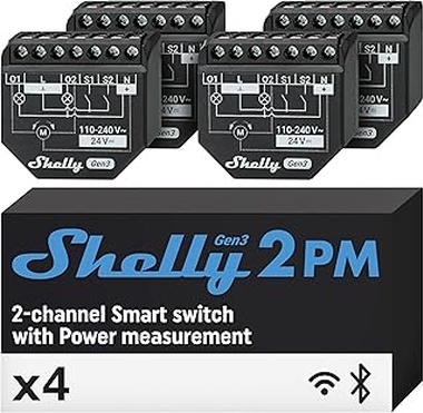 Shelly 2PM Gen3 - Relé Interruptor de persianas inalàmbrico, 2 Canales - 16 A, Wi-Fi & Bluetooth, con Medidor de consumo, Control de app iOS Android y Temporizador, Alexa, Google Home - 4 Piezas