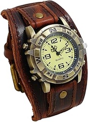 Reloj de hombre de cuero para hombre: punk analógico de cuarzo reloj de pulsera gótico ajustable de piel auténtica relojes con puños anchos Halloween accesorios regalos para hombres niños