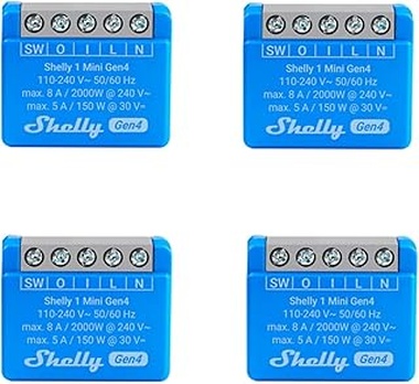 Shelly 1 Mini Gen4, paquete de 4, interruptor de relé inteligente WiFi, 1 canal, 8A, contacto sin potencial, automatización del hogar, control remoto, no se requiere hub, Alexa, Google Home, Apple