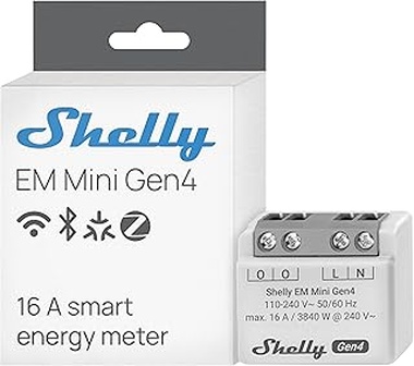 Shelly EM Mini Gen4 – Medidor de consumo eléctrico Matter, Wi-Fi y Zigbee, 1 canal - 16 A 240 VAC, Contador de potencia inalàmbrico, Amperímetro y Voltímetro, Almacenamiento de datos en aplicación