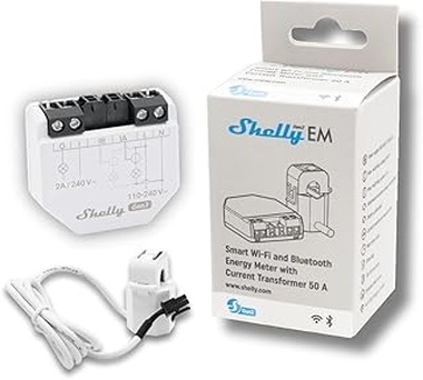 Shelly EM Gen3 + Pince 50A – Medidor De Energía Inteligente Con Una Pinza Ampérmetrica, Monofásico A 2 Canales, Wi-Fi y Bluetooth, Con Interruptor Integrato, Temporizador, Control De App