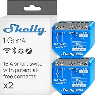Shelly 1 Gen4 – Módulo interruptor inalámbrico Matter, Zigbee y Wi-Fi, 1 canal 16A, Contactos secos, Relé abrepuertas de garaje, Control por aplicación y voz Alexa, Google y Apple HomeKit - 2 Piezas