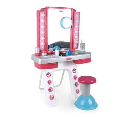 Tocador de peluquería con luz (incluye taburete, espejo y 12 accesorios), color rosa, blanco y gris