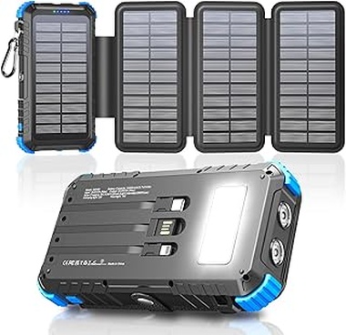 Cargador Solar de 20000mAh con 4 Paneles Solares, USB C 15 W Carga Rápida, 5 Salidas y 3 Cables, Power Bank Solar para Exteriores con Mosquetón y Linternas para Camping, Teléfonos y Tabletas