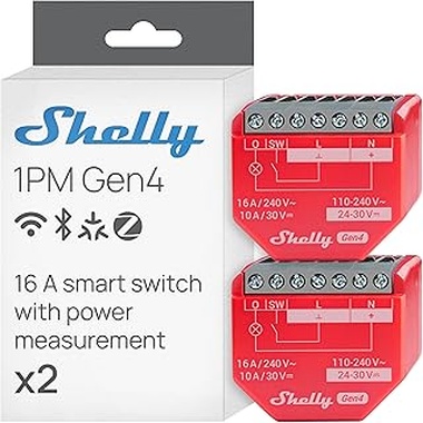 Shelly 1PM Gen4 – Módulo interruptor inalámbrico Matter, Zigbee y Wi-Fi, 1 canal 16A, Con medición de consumo de energía, Relé de luz, Control por app y voz Alexa, Google, Apple HomeKit - 2 Piezas