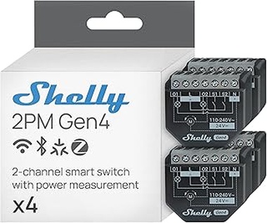 Shelly 2PM Gen4 – Módulo interruptor de persianas con Matter, Zigbee, Wi-Fi, 2 canales 8A, Medición de consumo eléctrico, Control inalàmbrico por app y voz Alexa, Google, Apple HomeKit - 4 Piezas