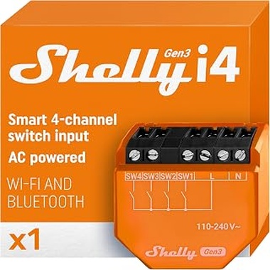 Shelly i4 Gen3 – Controlador Wi-Fi y Bluetooth de 4 Canales, Contacto Seco, Activación por App/Voz, Alexa Integración, Sin HUB, 8 MB, Hasta 16 Clics