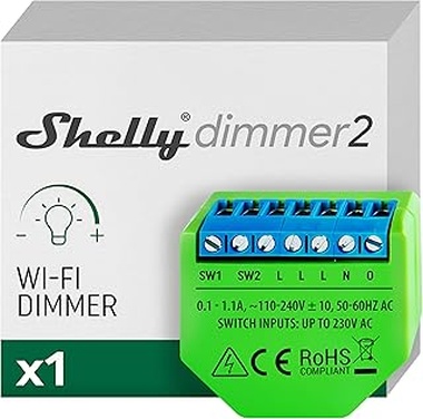 Shelly Dimmer 2, Módulo Regulador de Luz W-Fi, Atenuador Inalámbrico, No necesita neutro, LED 10-220W, incandescentes/Halógenas 1-220W Compatible con Alexa & Google Home, iOS Android App