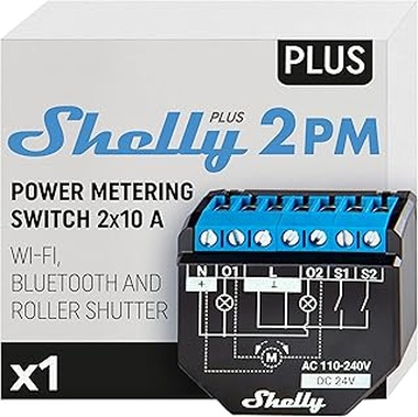 Shelly Plus 2PM - Interruptor Inteligente WiFi & Bluetooth, para Cortinas y Persianas, 2 Canales - 16A, Medición de Energía y Temporizador, Control Remoto por Teléfono, Compatible Alexa y Google Home
