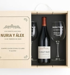 CALLE DEL REGALO Kit de Vino Personalizado con Copas de cristal, Caja de madera grabada, y Botella de vino | Kit personalizado para pareja