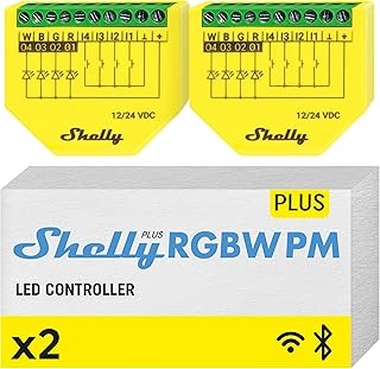Shelly Plus RGBW PM- Módulo Controlador RGBW Para Tiras LED Wi-Fi Y Bluetooth, 12-24 VDC, Medidor De Consumo Eléctrico Integrado, No Necesita Hub, Aplicación iOS, Android (2 Piezas)