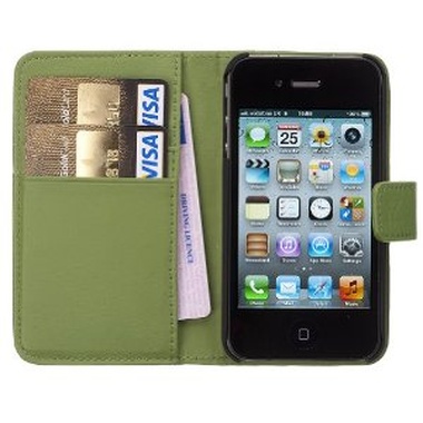 Funda / Cartera de cuero verde para iPhone 4 y 4S
